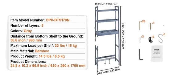 Över-Toalett Förvaringshylla, Bambukonstruktion, 15 kg Lastkapacitet,grå