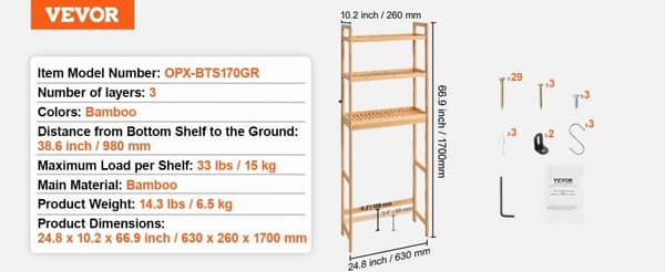 Över-Toalett Förvaringshylla, Bambukonstruktion, 15 kg Lastkapacitet,grå