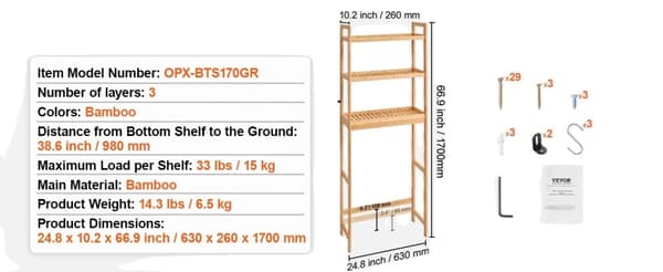 Över-Toalett Förvaringshylla, Bambukonstruktion, 15 kg Lastkapacitet,grå