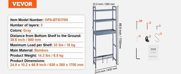 Over-Toilet Opbevaringshylde, Bambus Konstruktions, 15 kg Belastningsevne,grå