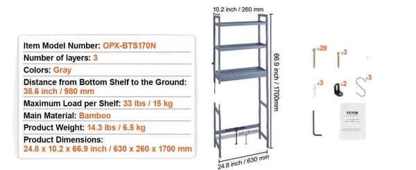 Over-Toilet Opbevaringshylde, Bambus Konstruktions, 15 kg Belastningsevne,grå