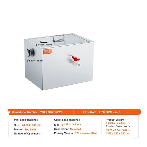 Fettavskiljare, toppinloppsdesign, rostfritt stålkonstruktion, 25LBS13GPM 8LBS4GPM