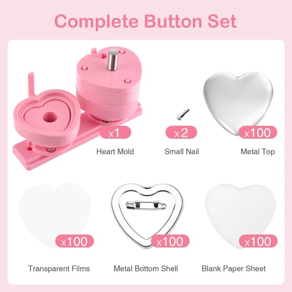 Hjärtaformad Knappmakare, Komplett DIY-kit, Lätt att Använda,rosa kit, 57 mm