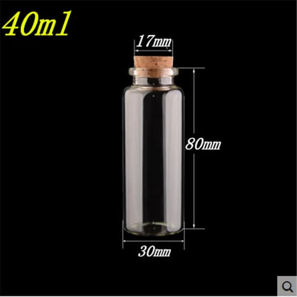 Glasflaskor, 30 ml, 40 ml, 55 ml kapacitet, korkstopp,40 ml