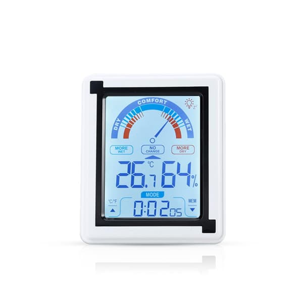 Elektronisk termometer i hvitt LCD Touch-termometer med klokke Måleinstrument for temperatur og luftfuktighet som kan konverteres til Fahrenheit