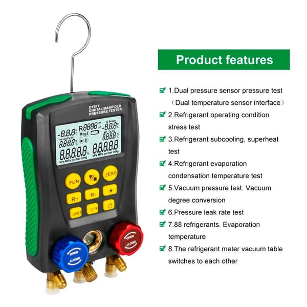 Kølemiddel Manifold Gauge, Digital Meter, HVAC Tester
