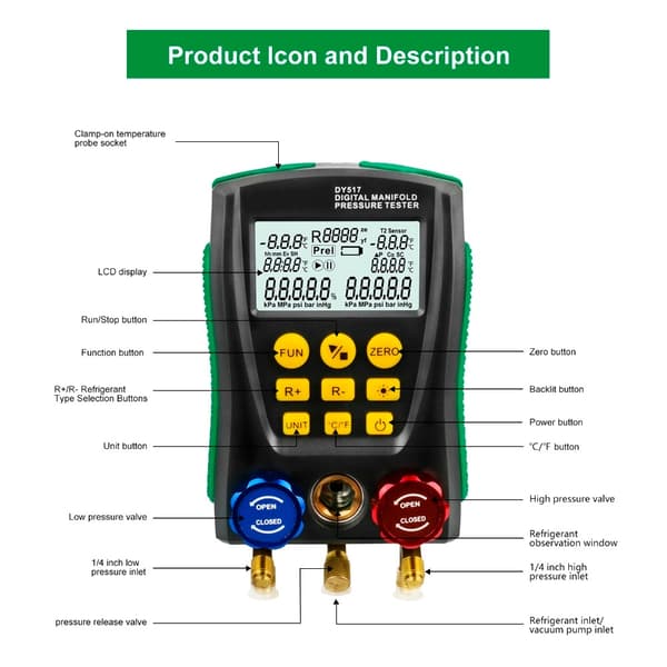 Kølemiddel Manifold Gauge, Digital Meter, HVAC Tester