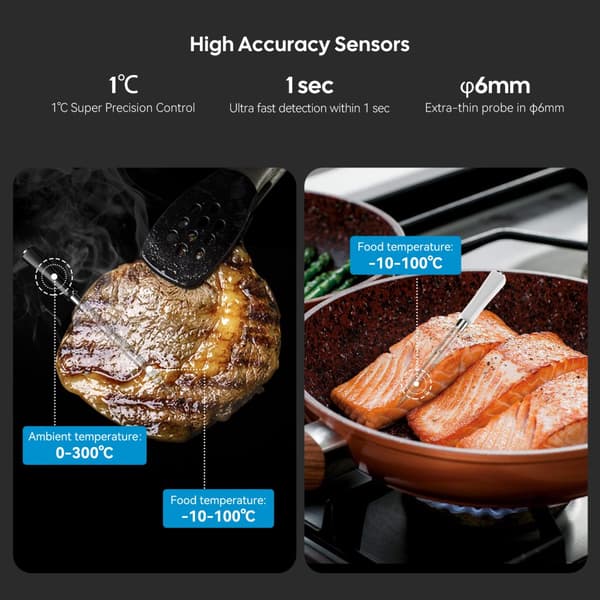 BBQ Kötttermometer, WiFi- och Bluetooth-anslutning, ultrah snabb respons, 28 köttmenyer