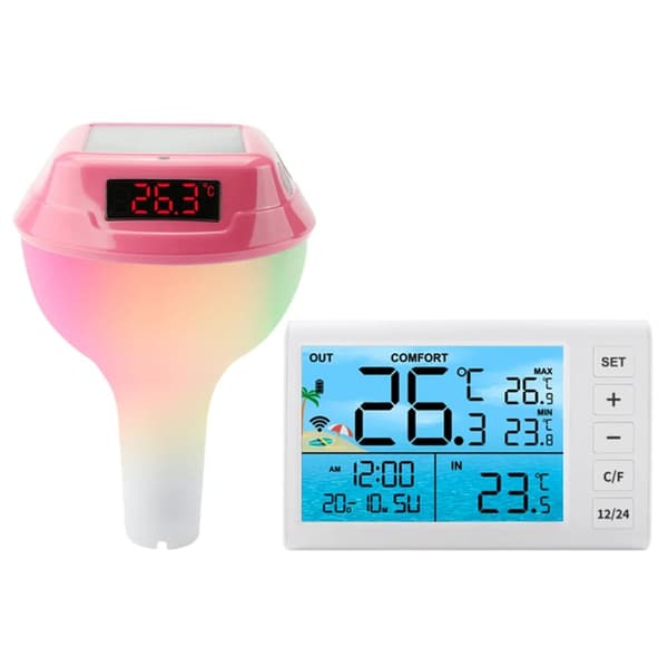 Solenergidriven flytande pooltermometer, RGB ambientljus, hållbar vattentät design,rosa digital display