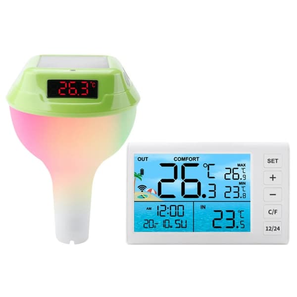Solenergidriven flytande pooltermometer, RGB ambientljus, hållbar vattentät design,grön digital display