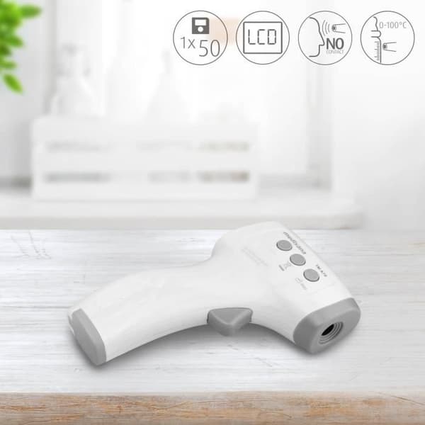 Medisana TM A79 berøringsfrit termometer. Visuelle (3-farvede) og hørbare alarmer. Certificeret medicinsk udstyr. 50 hukommelser.
