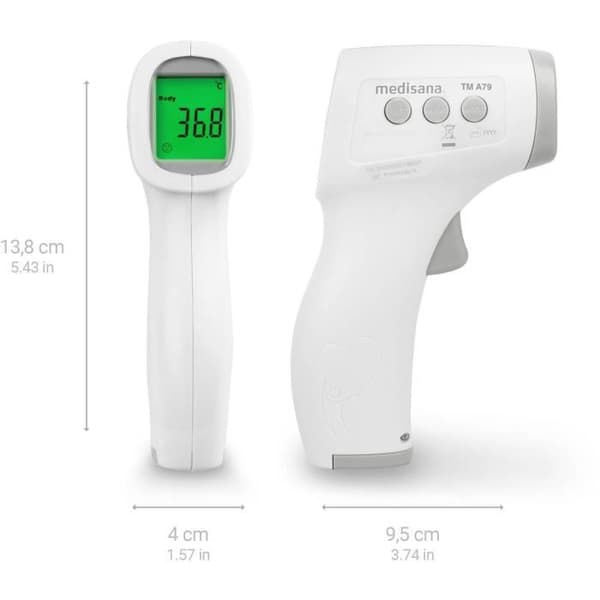 Medisana TM A79 berøringsfrit termometer. Visuelle (3-farvede) og hørbare alarmer. Certificeret medicinsk udstyr. 50 hukommelser.