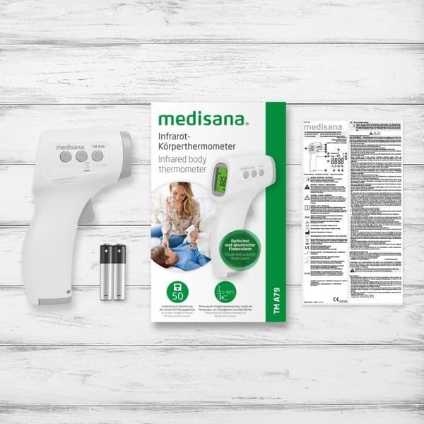 Medisana TM A79 berøringsfrit termometer. Visuelle (3-farvede) og hørbare alarmer. Certificeret medicinsk udstyr. 50 hukommelser.