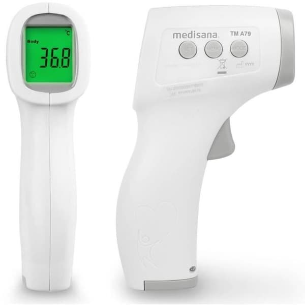 Medisana TM A79 berøringsfrit termometer. Visuelle (3-farvede) og hørbare alarmer. Certificeret medicinsk udstyr. 50 hukommelser.