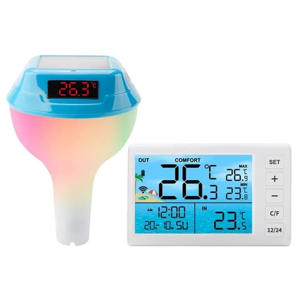 Solcelledrevet flydende pooltermometer, RGB ambient lys, holdbart vandtæt design,cyan digital skærm