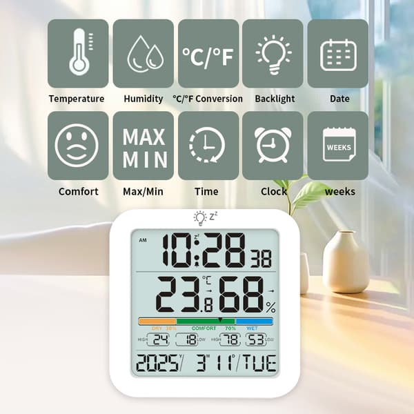 INF Stor LCD Digital Termometer Fuktighetsmätare Klocka