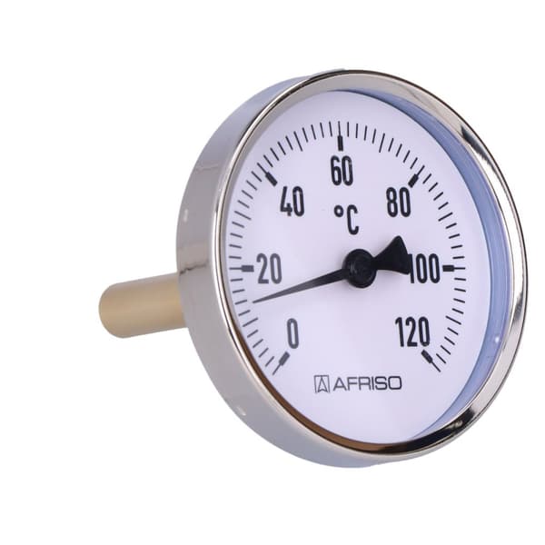 Bimetalltermometer BiTh 80, fi 80 mm, 0-120°C, hylsa L 63 mm, 1/2 tums axel, klass 2.0