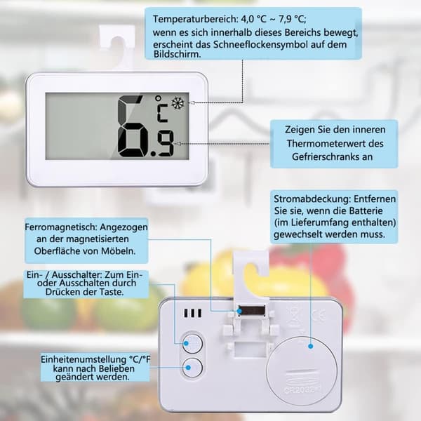 Lollanda Kylskåpstemperaturmätare med tydlig LCD-display – för hem, restaurang, bar och kafé, inomhus och utomhus