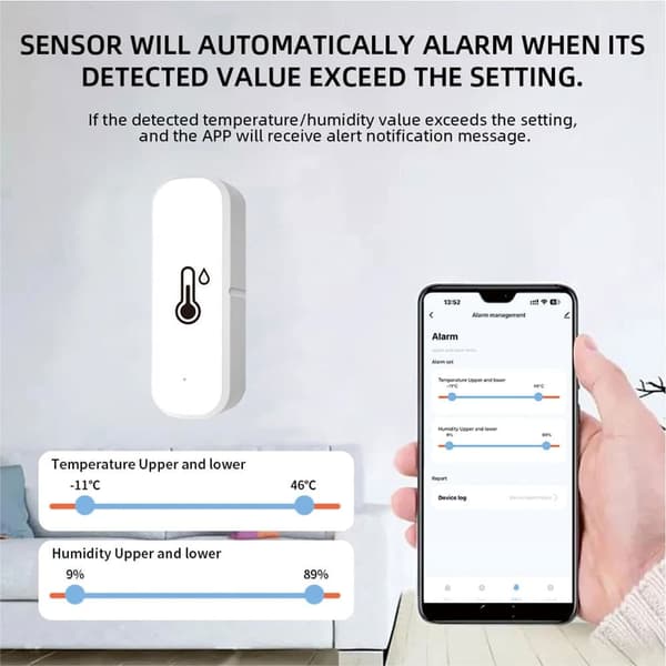 Lollanda WiFi termometer og hygrometer med datalagringsfunktion – Trådløs temperatur- og fugtighedsmåler, Smart sensor til APP-kontrol