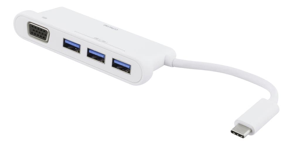 DELTACO USB-C hub, 1x VGA full HD at 60Hz, 3x USB-A 3.1,