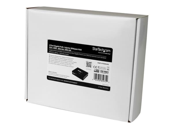 StarTech.com Gigabit-midspan med 4 portar - PoE+-injektor - 802.3at/af - Strömtillförsel - AC 100-240 V - 120 Watt - utgångskontakter: 4 - svart - fö