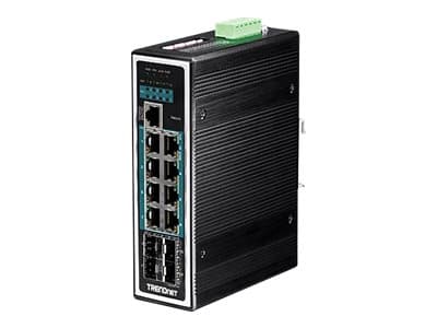 TRENDnet TI-PG1284I - Switch - L2+ - Styrt - 8 x 10/100/1000 (PoE+) + 4 x Gigabit SFP - DIN-skinnemonterbar - PoE+ (240 W) - TAA-samsvar Sort