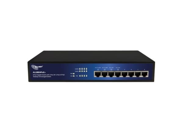 ALLNET ALL8804POE+, Ikke administreret, L2, Gigabit Ethernet (10/100/1000), Strøm over Ethernet (PoE), Stativ-montering musta, Sininen
