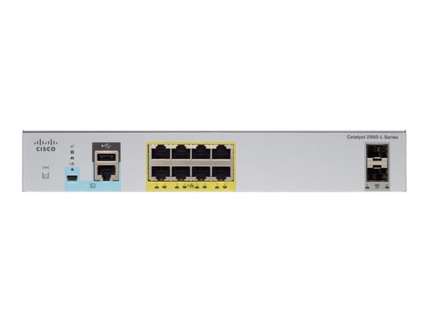 Cisco Catalyst 2960CX-8PC-L - Switch - Administrerad - 8 x 10/100/1000 (PoE+) + 2 x SFP + 2 x 10/100/1000 - skrivbordsmodell, rackmonterbar, DIN-sken