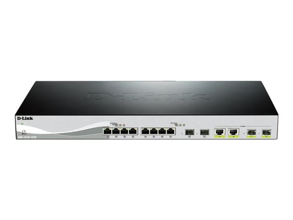 D-Link Web Smart DXS-1210-12TC - Kytkin - Administreret - 8 x 10GBase-T + 2 x 10 Gigabit SFP+ + 2 x kombo 10 Gigabit SFP+ - työpöytä, monterbar på st musta, Hopea