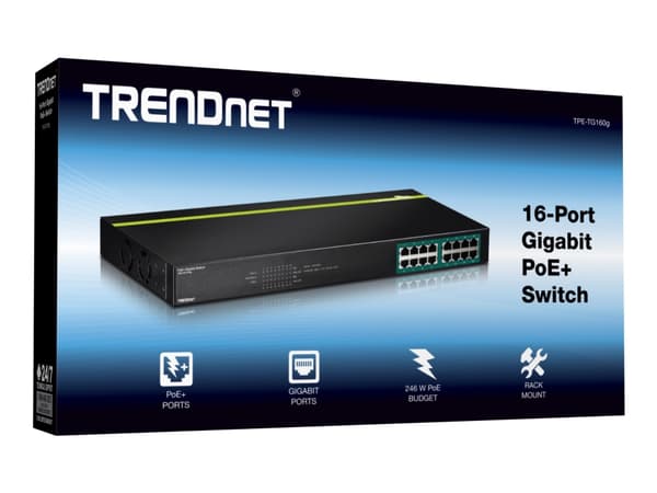 TRENDnet TPE TG160G - Switch - 16 x 10/100/1000 (PoE+) - monterbar på stativ - PoE+ (246 W) - TAA-kompatibel