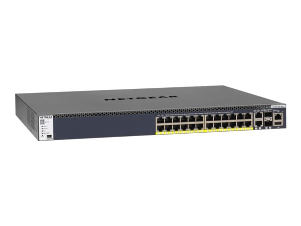 NETGEAR M4300-28G-PoE+ - Switch - L3 - Styrt - 2 x 10/100/1000/10000 + 2 x 10 Gigabit SFP+ + 24 x 10/100/1000 (PoE+) - front til bakside-luftflyt - r