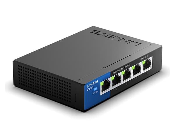 Linksys LGS105, Hallitsematon, L2, Gigabit Ethernet (10/100/1000), Seinäkiinnitteinen musta, Sininen