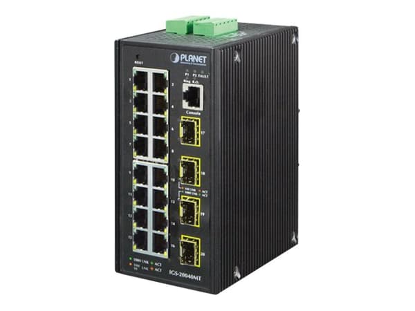 PLANET IGS-20040MT - Switch - Styrt - 16 x 10/100/1000 + 4 x Gigabit SFP - DIN-skinnemonterbar, veggmonterbar - AC 24 V / DC 12 -72 V Blå, Hvit