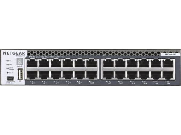 NETGEAR M4300-24X - Kytkin - L3 - Hallittu - 24 x 10 Gigabit Ethernet + 4 x jaettu 10 Gigabit SFP+ - ilmavirta edestä taaksepäin - telineasennettava