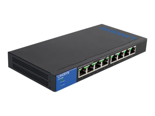 Linksys Business LGS108P - Switch - ikke-styrt - 4 x 10/100/1000 (PoE+) + 4 x 10/100/1000 - stasjonær, veggmonterbar - PoE+ (50 W) - AC 100/230 V Sort