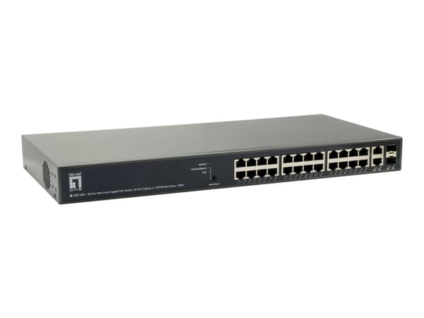 LevelOne GEP-2651 - Switch - smart - 24 x 10/100/1000 (PoE+) + 2 x kombinations-Gigabit SFP - rackmonterbar - PoE+ (185 W) Svart