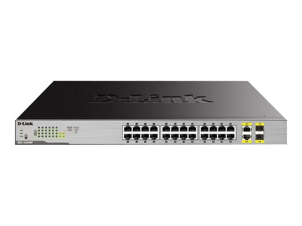 D-Link DGS 1026MP - Switch - ohanterad - 24 x 10/100/1000 (PoE) + 2 x kombinations-Gigabit SFP - rackmonterbar, skrivbordsmodell - PoE (370 W) Svart, Grå