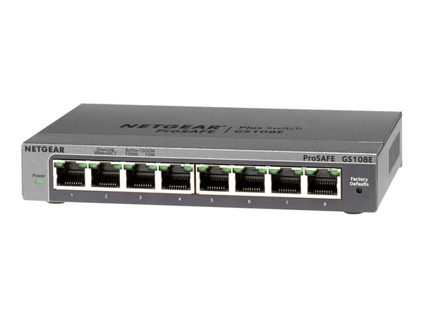 NETGEAR Plus GS108Ev3 - Switch - ohanterad - 8 x 10/100/1000 - skrivbordsmodell, väggmonterbar