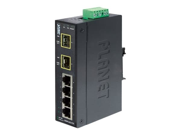 PLANET ISW-621TF - Switch - 4 x 10/100 + 2 x SFP - DIN-skenmonterbar, väggmonterbar - Likström Blå