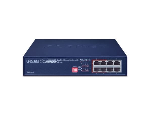 PLANET GSD-804P, Hallitsematon, Gigabit Ethernet (10/100/1000), Täysin kaksipuolinen, Power over Ethernet -tuki, Telineasennus, 1U