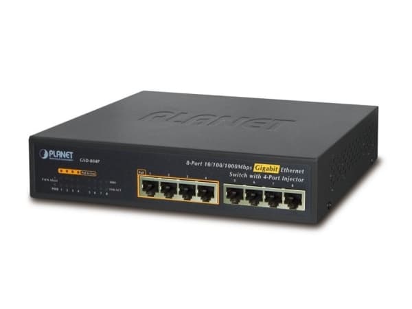 PLANET GSD-804P, Hallitsematon, Gigabit Ethernet (10/100/1000), Täysin kaksipuolinen, Power over Ethernet -tuki, Telineasennus, 1U