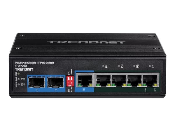 TRENDnet TI-UPG62 - Switch - ohanterad - 4 x 10/100/1000 (PoE+) + 2 x Gigabit SFP - DIN-skenmonterbar, väggmonterbar - PoE+ (240 W) - likström - TAA-