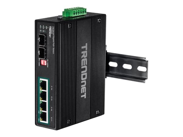 TRENDnet TI-PG62B - Switch - ohanterad - 4 x 10/100/1000 (PoE+) + 2 x Gigabit SFP - DIN-skenmonterbar, väggmonterbar - PoE+ (120 W) - likström - TAA-
