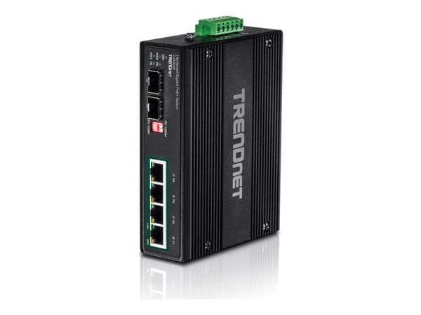 TRENDnet TI-PG62B - Switch - ohanterad - 4 x 10/100/1000 (PoE+) + 2 x Gigabit SFP - DIN-skenmonterbar, väggmonterbar - PoE+ (120 W) - likström - TAA- Svart