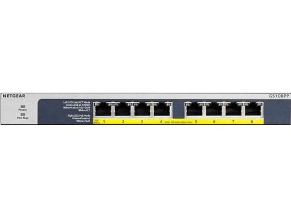 NETGEAR GS108PP - Switch - 8 x 10/100/1000 (PoE+) - stasjonær, rackmonterbar, veggmonterbar - PoE+ (123 W) - DC-strøm
