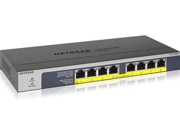 NETGEAR GS108PP - Switch - 8 x 10/100/1000 (PoE+) - stasjonær, rackmonterbar, veggmonterbar - PoE+ (123 W) - DC-strøm
