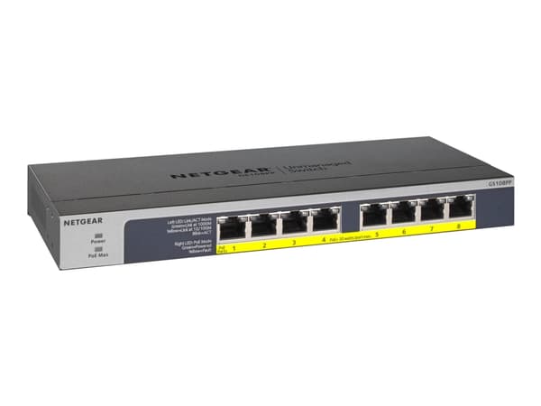 NETGEAR GS108PP - Switch - 8 x 10/100/1000 (PoE+) - stasjonær, rackmonterbar, veggmonterbar - PoE+ (123 W) - DC-strøm Sort