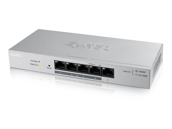Zyxel GS1200-5HP v2 - Switch - Styrt - 1 x 10/100/1000 + 4 x 10/100/1000 (PoE+) - stasjonær - PoE+ (60 W) Grå