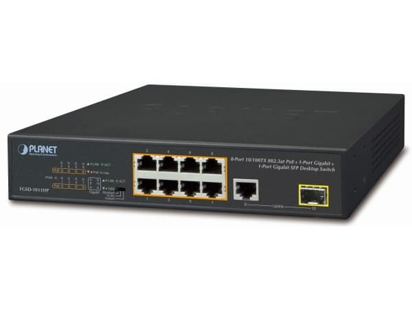 PLANET FGSD-1011HP, Hallitsematon, Gigabit Ethernet (10/100/1000), Täysin kaksipuolinen, Power over Ethernet -tuki, Telineasennus, 1U Sininen