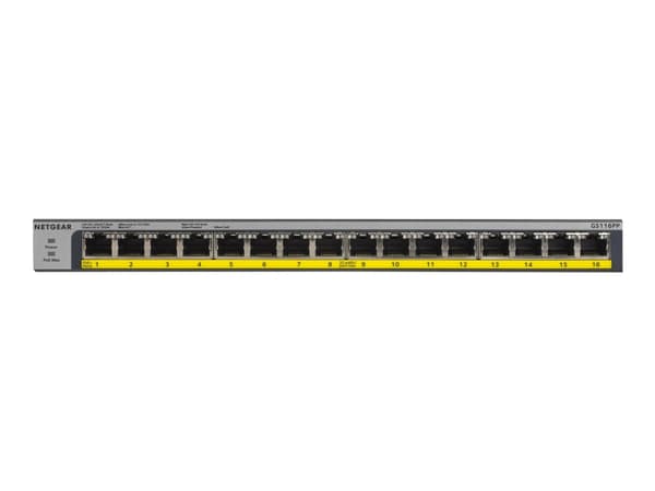 NETGEAR GS116LP - Switch - 16 x 10/100/1000 (PoE+) - skrivbordsmodell, rackmonterbar, väggmonterbar - PoE+ (76 W) - likström